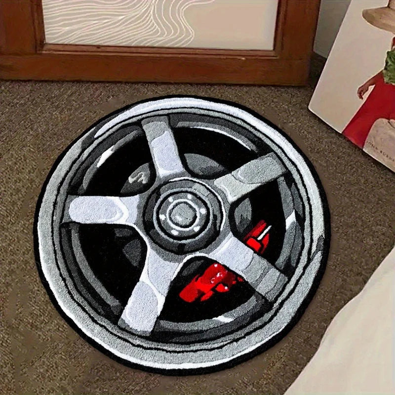 VIKAMA Car Wheel Rim Design Round Rug Soft Plush Bedroom Carpet Non-Slip Living Room Floor Mat Automotive Enthusiast Home Decor