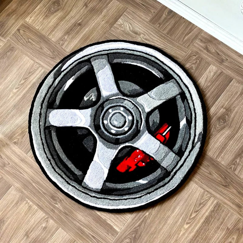 VIKAMA Car Wheel Rim Design Round Rug Soft Plush Bedroom Carpet Non-Slip Living Room Floor Mat Automotive Enthusiast Home Decor