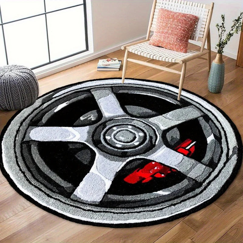 VIKAMA Car Wheel Rim Design Round Rug Soft Plush Bedroom Carpet Non-Slip Living Room Floor Mat Automotive Enthusiast Home Decor