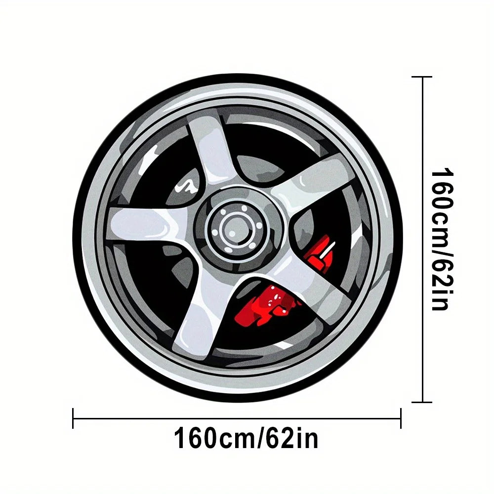 VIKAMA Car Wheel Rim Design Round Rug Soft Plush Bedroom Carpet Non-Slip Living Room Floor Mat Automotive Enthusiast Home Decor
