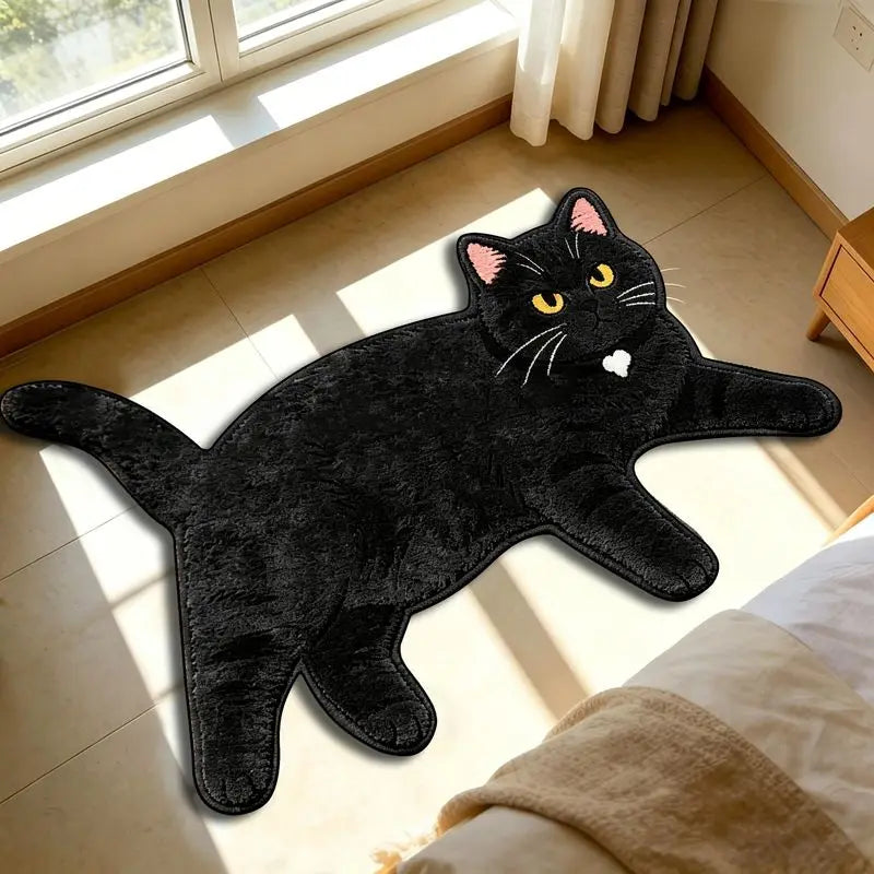 VIKAMA Lazy Lying Black Cat Shaped Plush Rug - Cute Cartoon Non-Slip Absorbent Floor Mat for Bedroom, Bathroom, Living Room