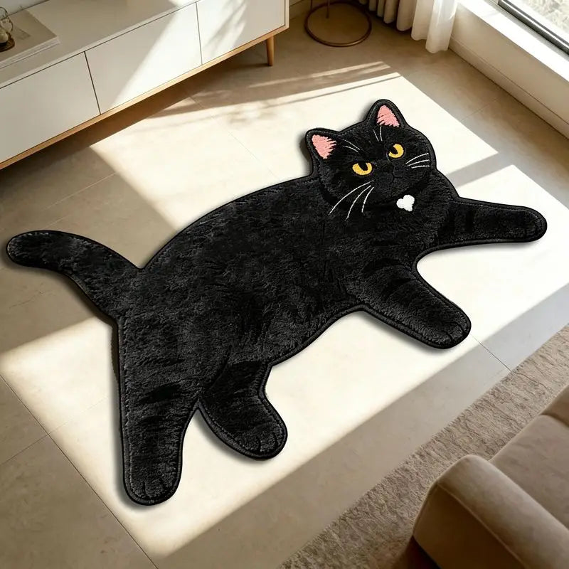 VIKAMA Lazy Lying Black Cat Shaped Plush Rug - Cute Cartoon Non-Slip Absorbent Floor Mat for Bedroom, Bathroom, Living Room